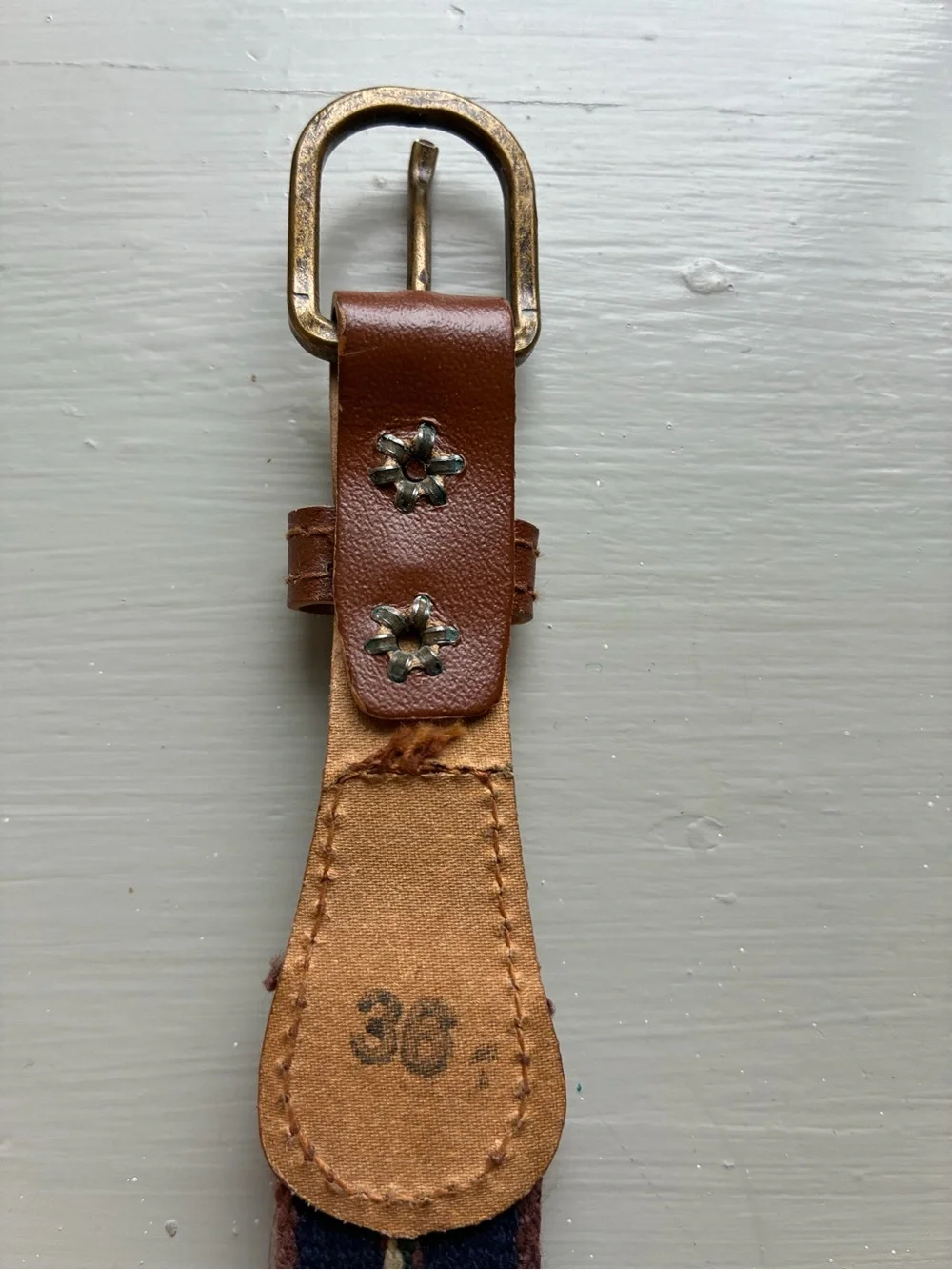 Mens Size 36 Surcingle Belt Striped Canvas Webbing Leather Trim Brass Buckle